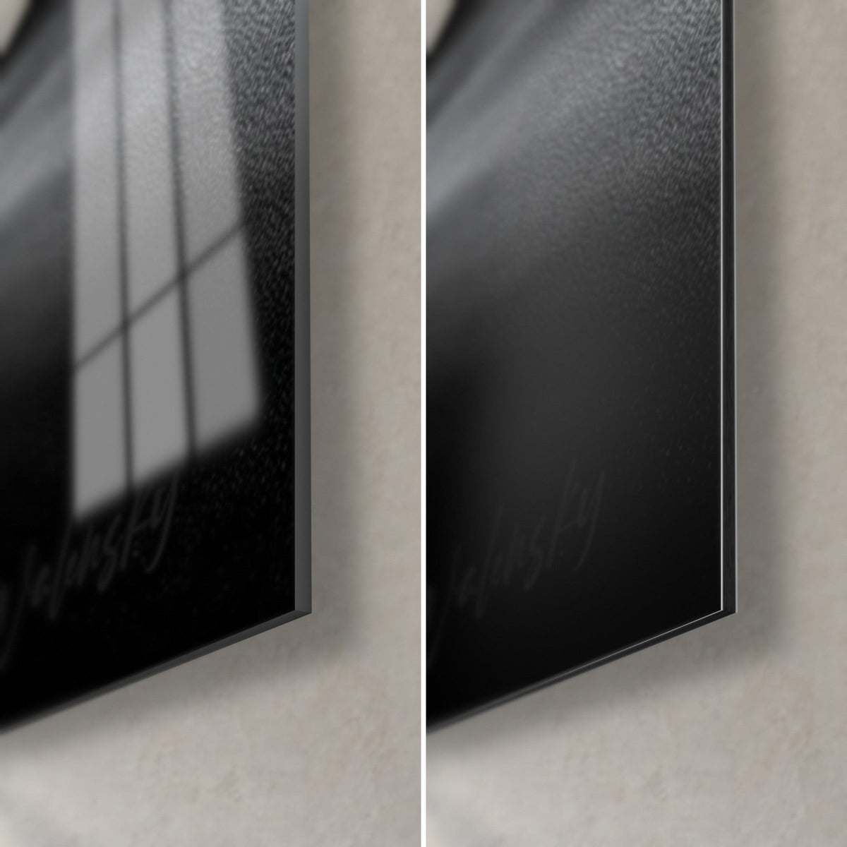 Gemälde Schwarz-weißer Mountainbiker, untere rechte Ecke: glänzendes Acrylglas links, mattgraues Dibond-Aluminium rechts, 3 mm Kante