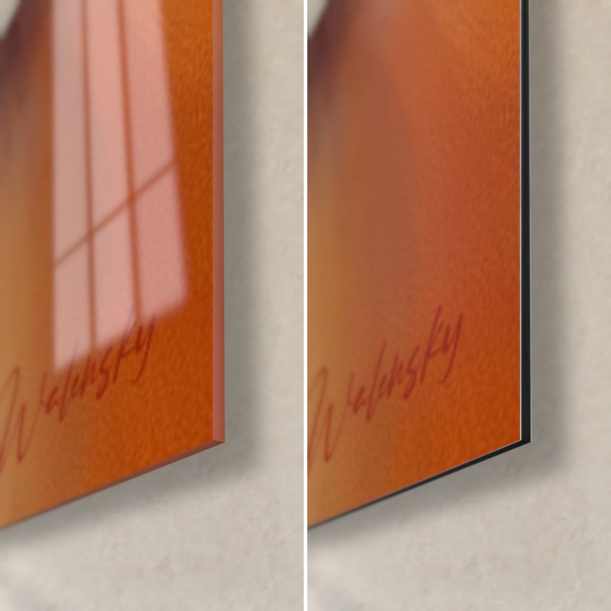Gemälde eines Mountainbikers in der Abfahrt, untere rechte Ecke: glänzendes orangefarbenes Acrylglas, Fensterspiegelungen, mattes Dibond und schwarze Kante