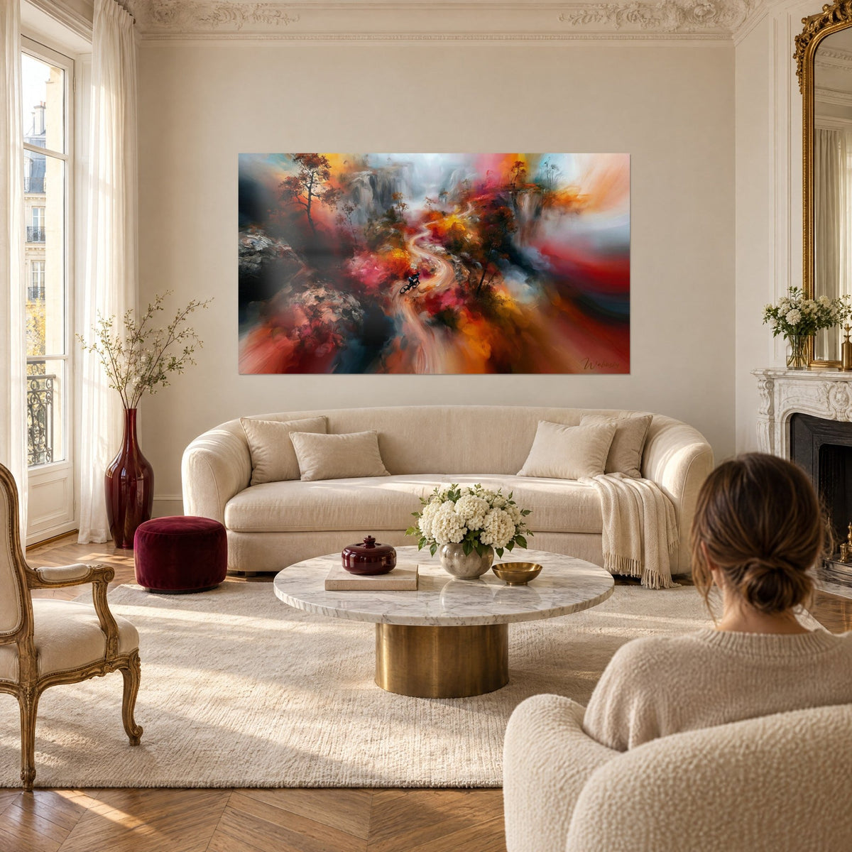 Quadro di un ciclista che scende un sentiero tortuoso, foschie arancio e rosso carminio, sopra un divano in un soggiorno luminoso