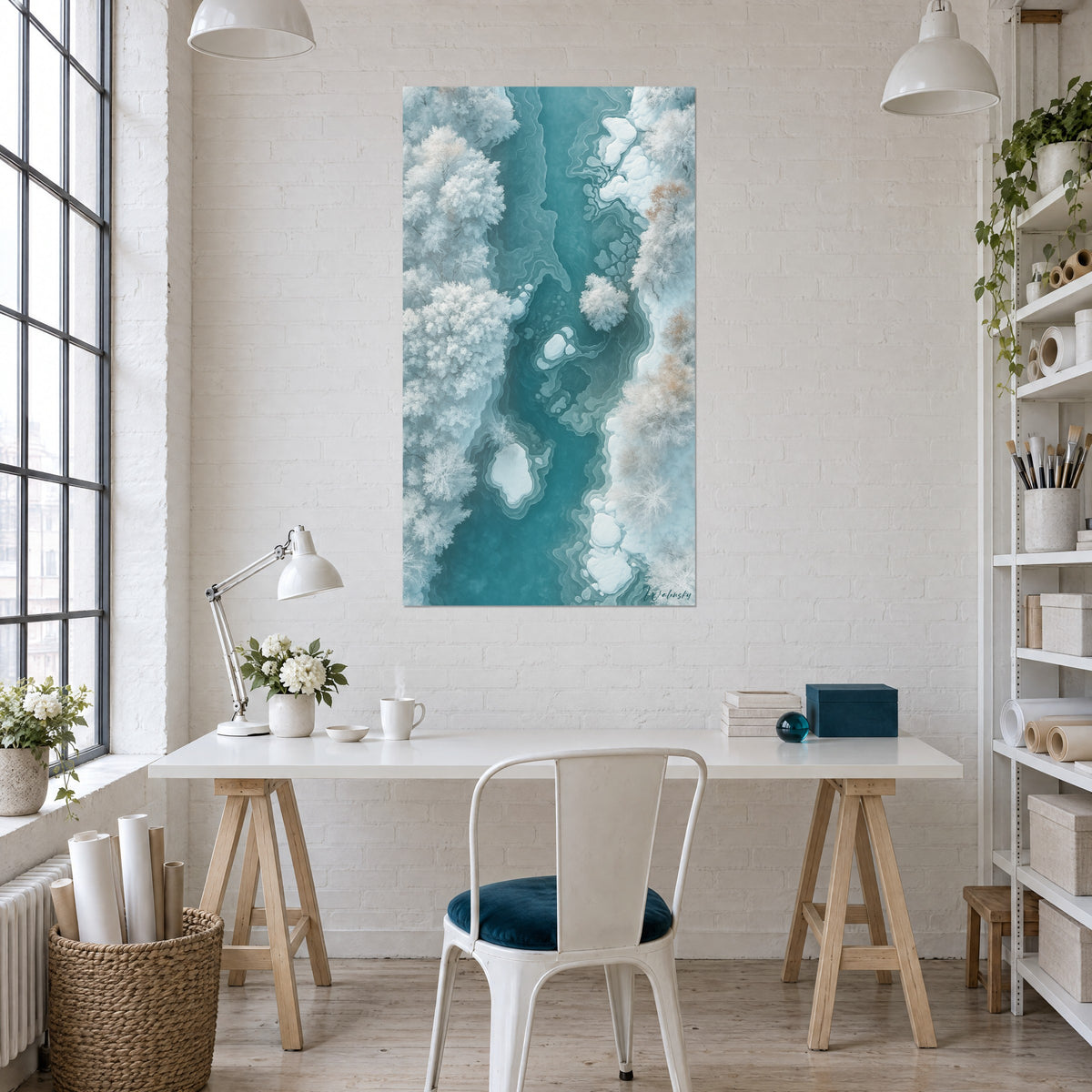 Cuadro bosque invernal escarchado bordeando un río verde agua, toques anaranjados, escritorio blanco y lámpara articulada, loft luminoso