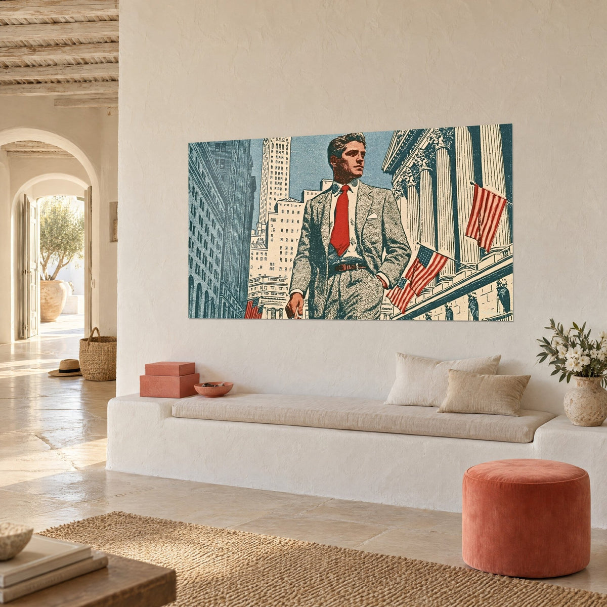 Wall art New York golden boy, brown lock of hair, hand in pocket, beige and blue columned facade, three-quarter view on a white wall