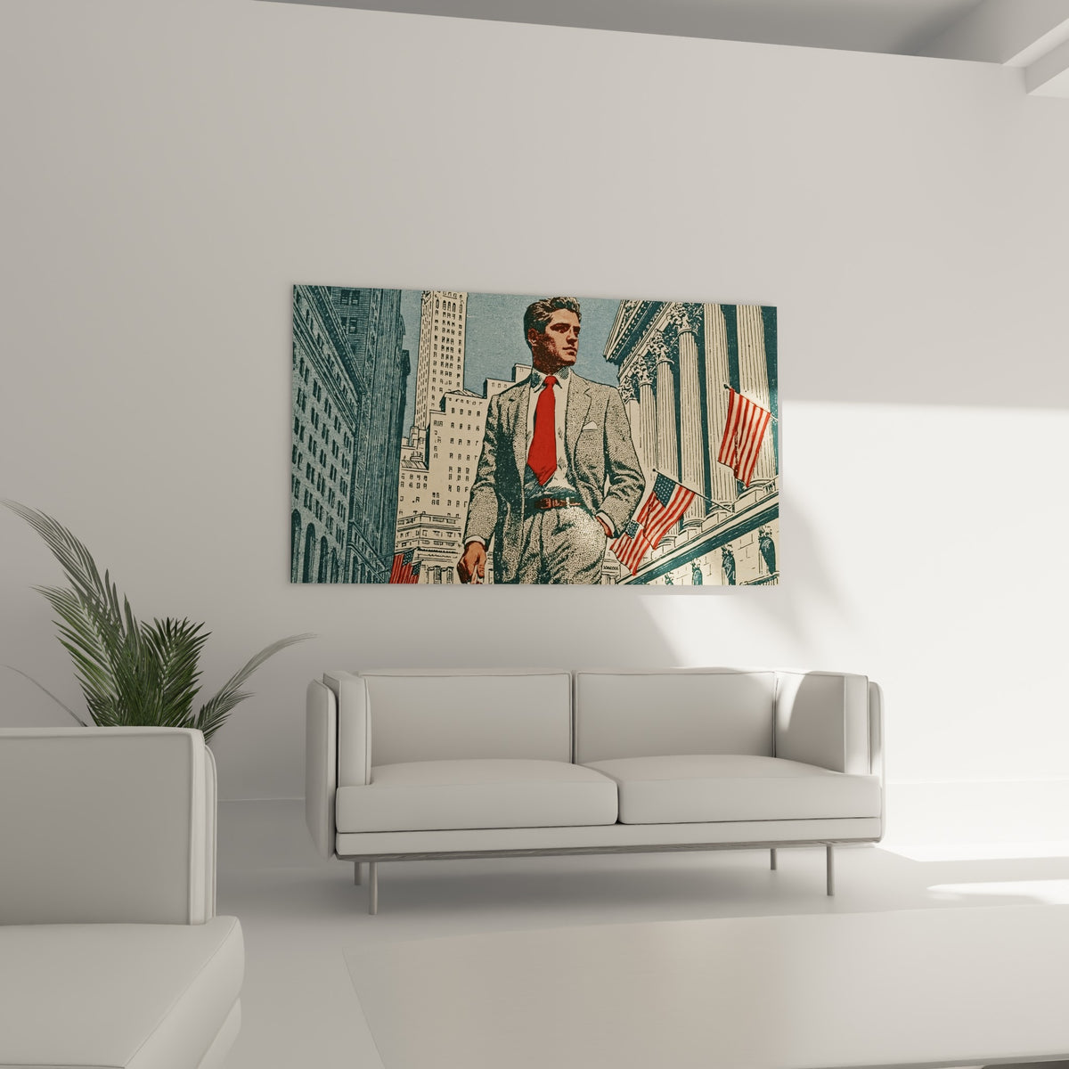Financier au regard assuré, drapeaux américains rouges, au-dessus d'un canapé dans un salon lumineux