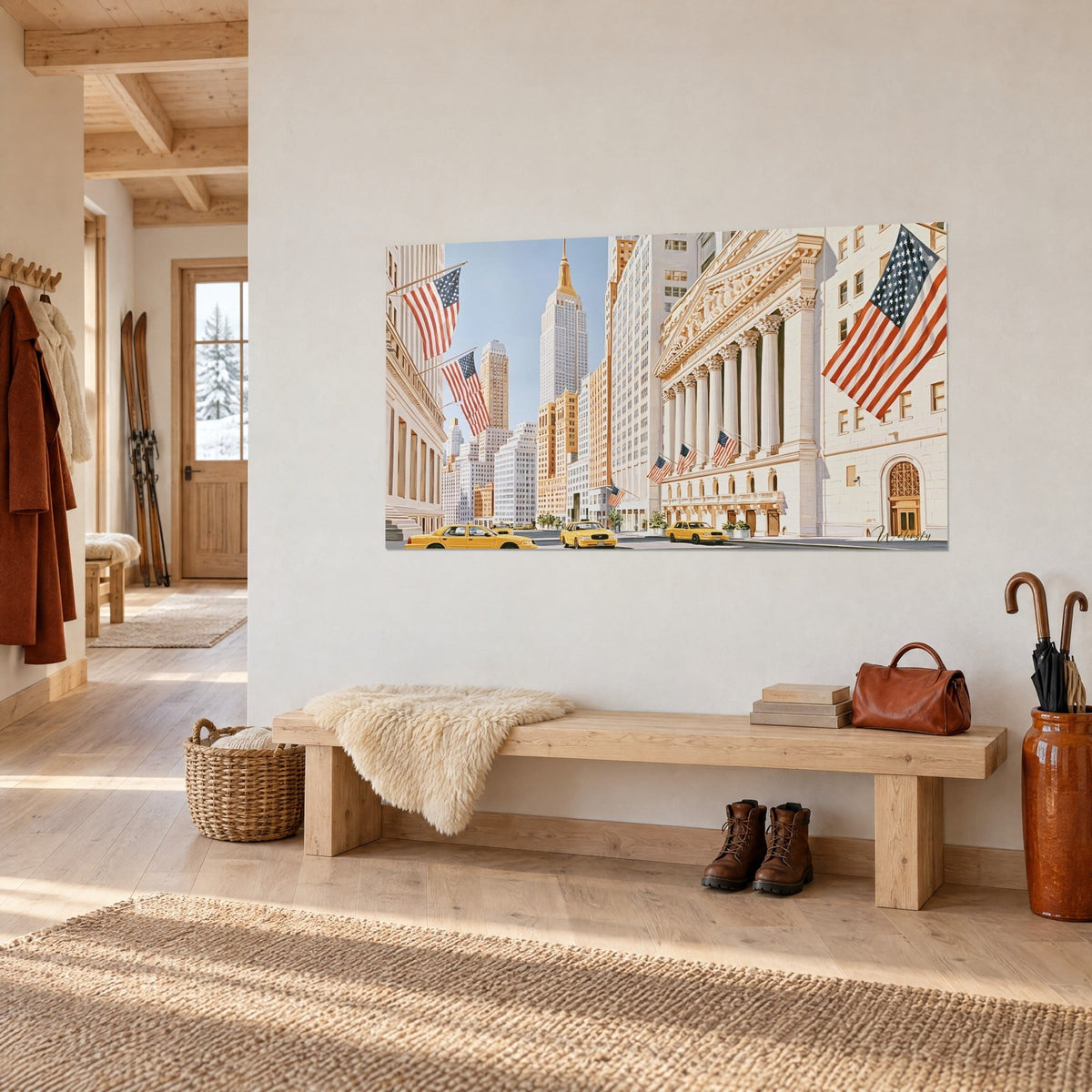 Wall art of the Wall Street facade with Corinthian columns, blue sky and ochre stone, hung beside a light wooden bench in a chalet entrance