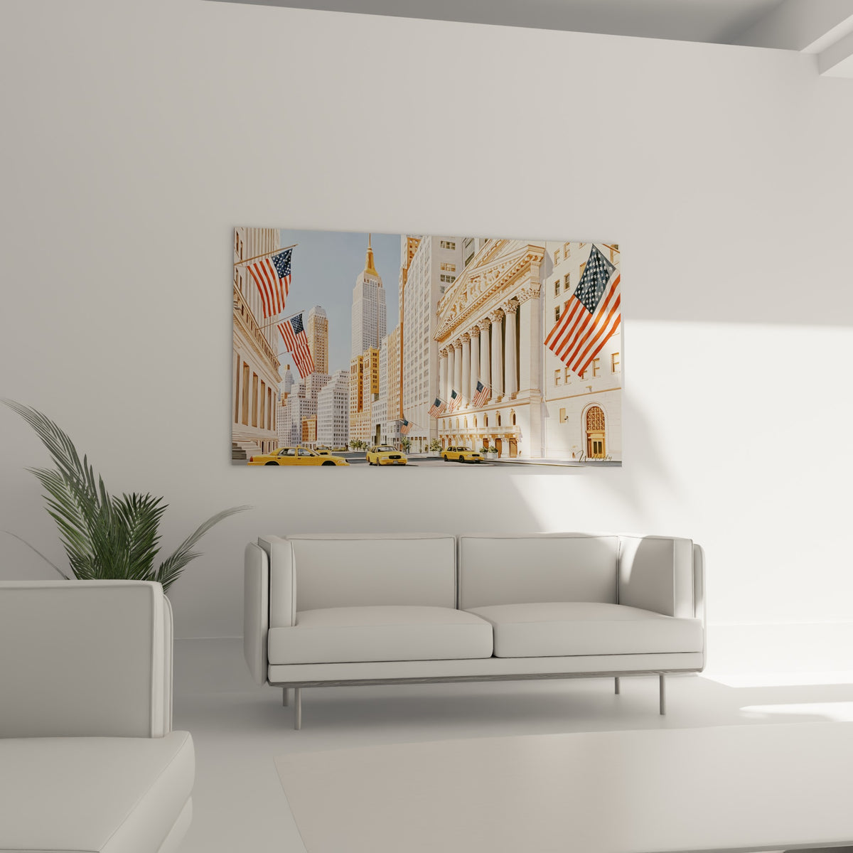 Colonnes néoclassiques de Wall Street en crème et doré sous un ciel bleu pastel, au-dessus d'un canapé dans un salon lumineux