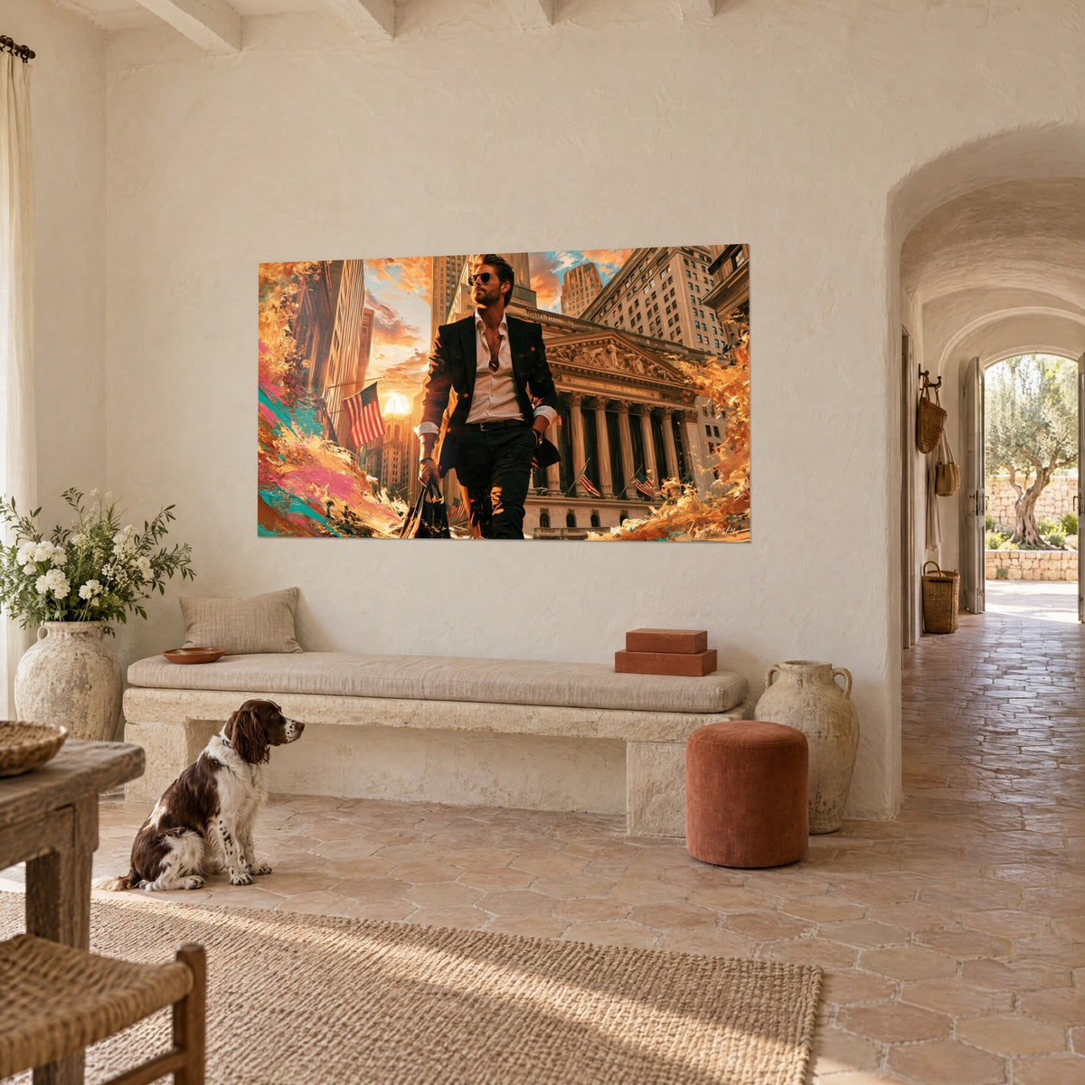Wall art black suit and open white shirt, grey columns of Wall Street, red and blue flag, Provençal farmhouse, spaniel at the foot of the bench