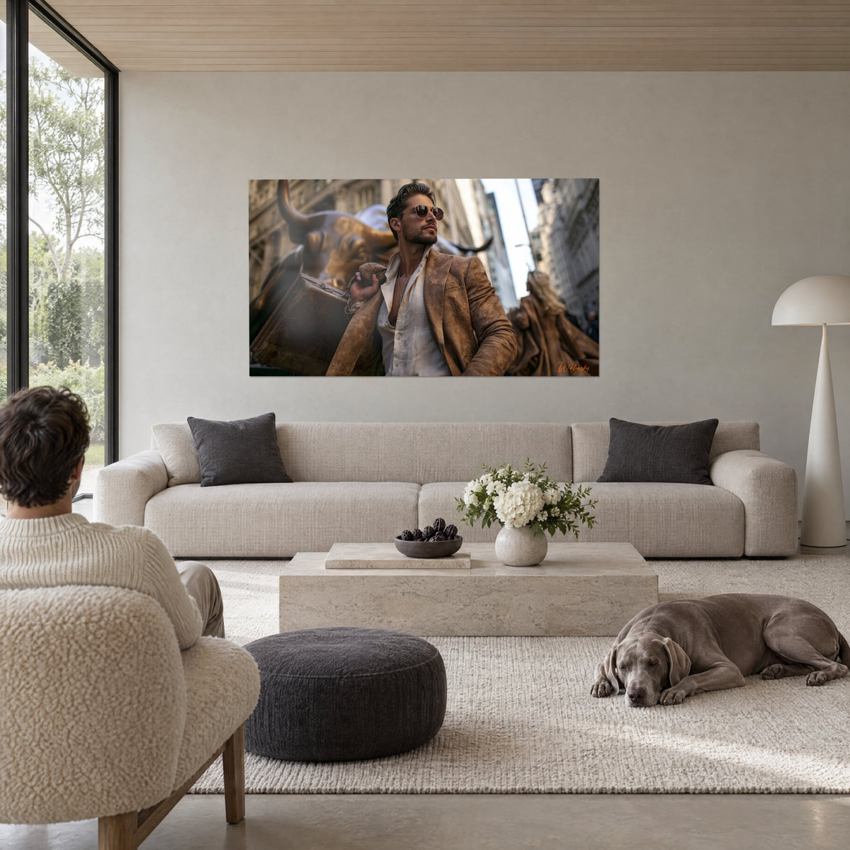 Wall art of a gentleman in a brown jacket in front of the bronze bull, cream linen, copper-rimmed glasses, above a sofa in a bright living room