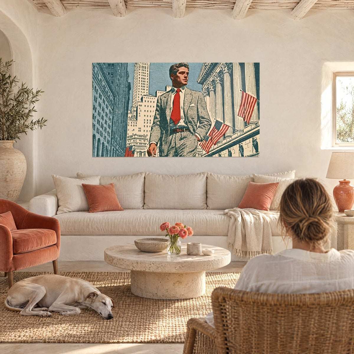 Wall art businessman in grey suit and red tie in front of colonnades, American flags, above a sofa in a bright living room