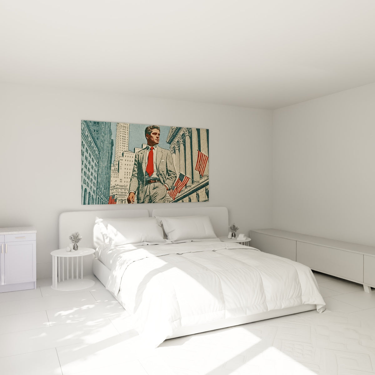 Silhouette en costume beige et cravate rouge accrochée au-dessus d'un lit dans une chambre claire