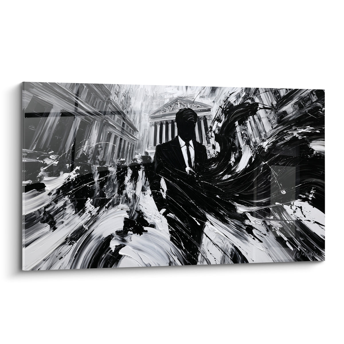 Black-suited silhouette walking before a white facade, expressive Wall Street wall art