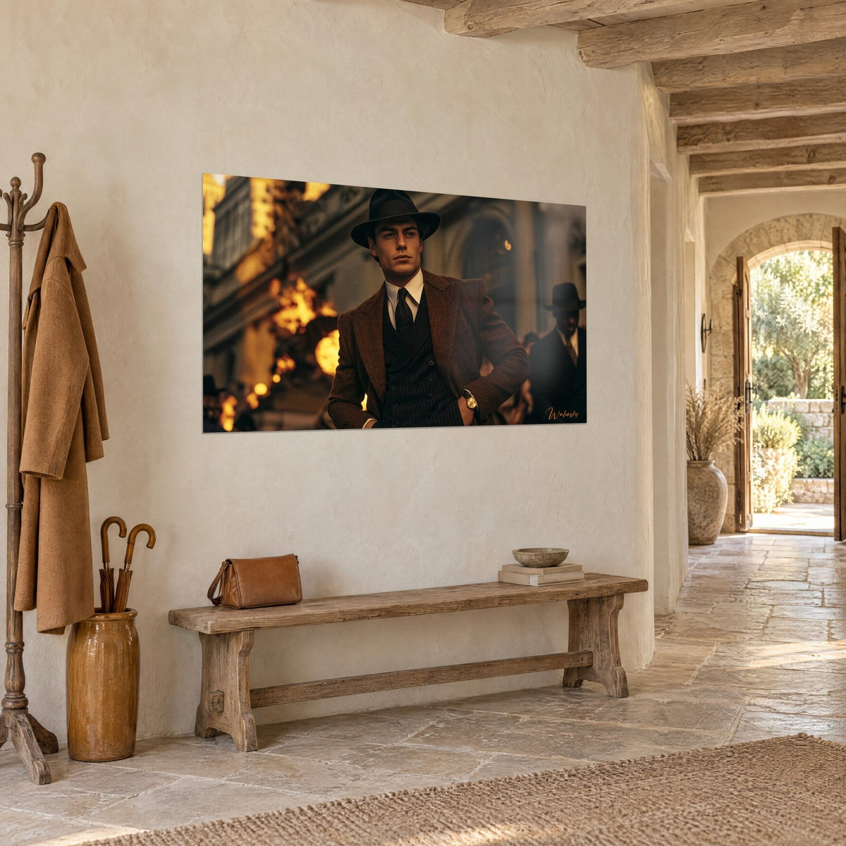 Wall art gentleman in anthracite double-breasted waistcoat and dark tie, hand in pocket, amber reflections, whitewashed wall of a stone house
