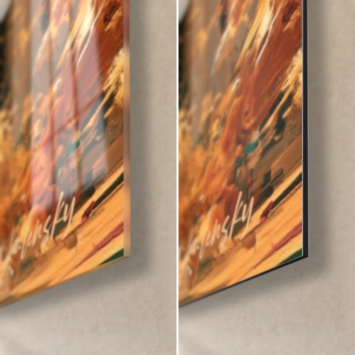 Wall art financier in aviator glasses, orange and turquoise lower right corner, white signature, glossy glass on the left, matte Dibond on the right