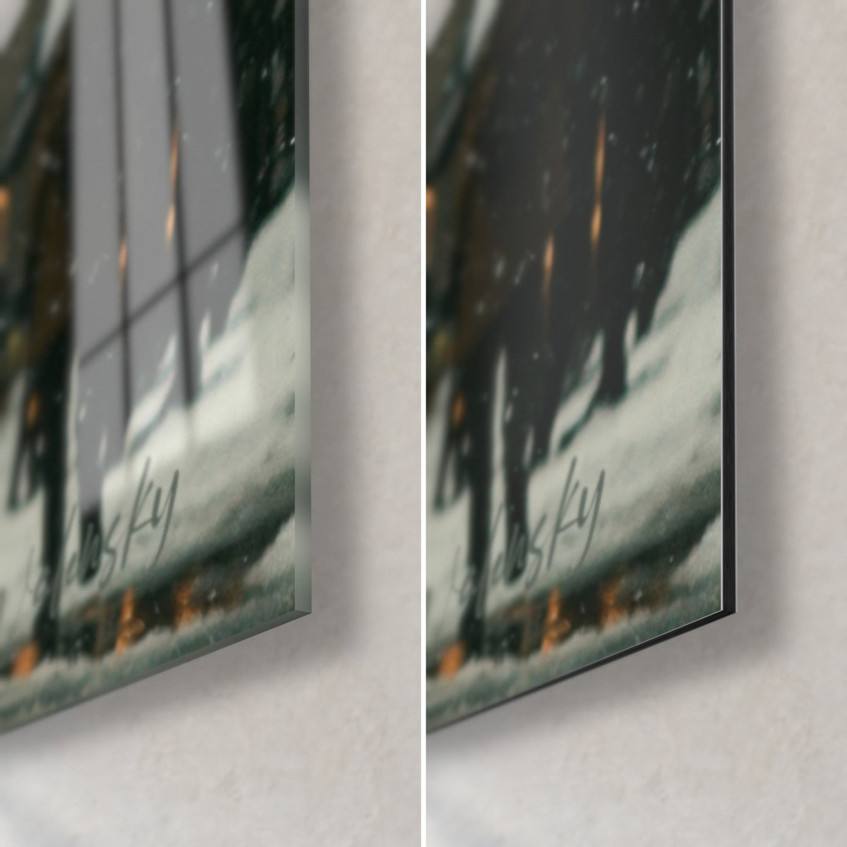 Wall art stroller in a black coat on a snowy sidewalk, lower right corner: glossy glass with reflections on the left, matte grey Dibond on the right