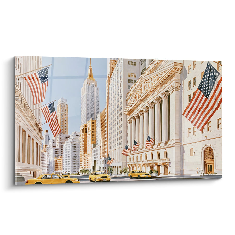 Tableau Bourse new-yorkaise aux drapeaux ocre et bleu - Matinée financière - Edition Wall street