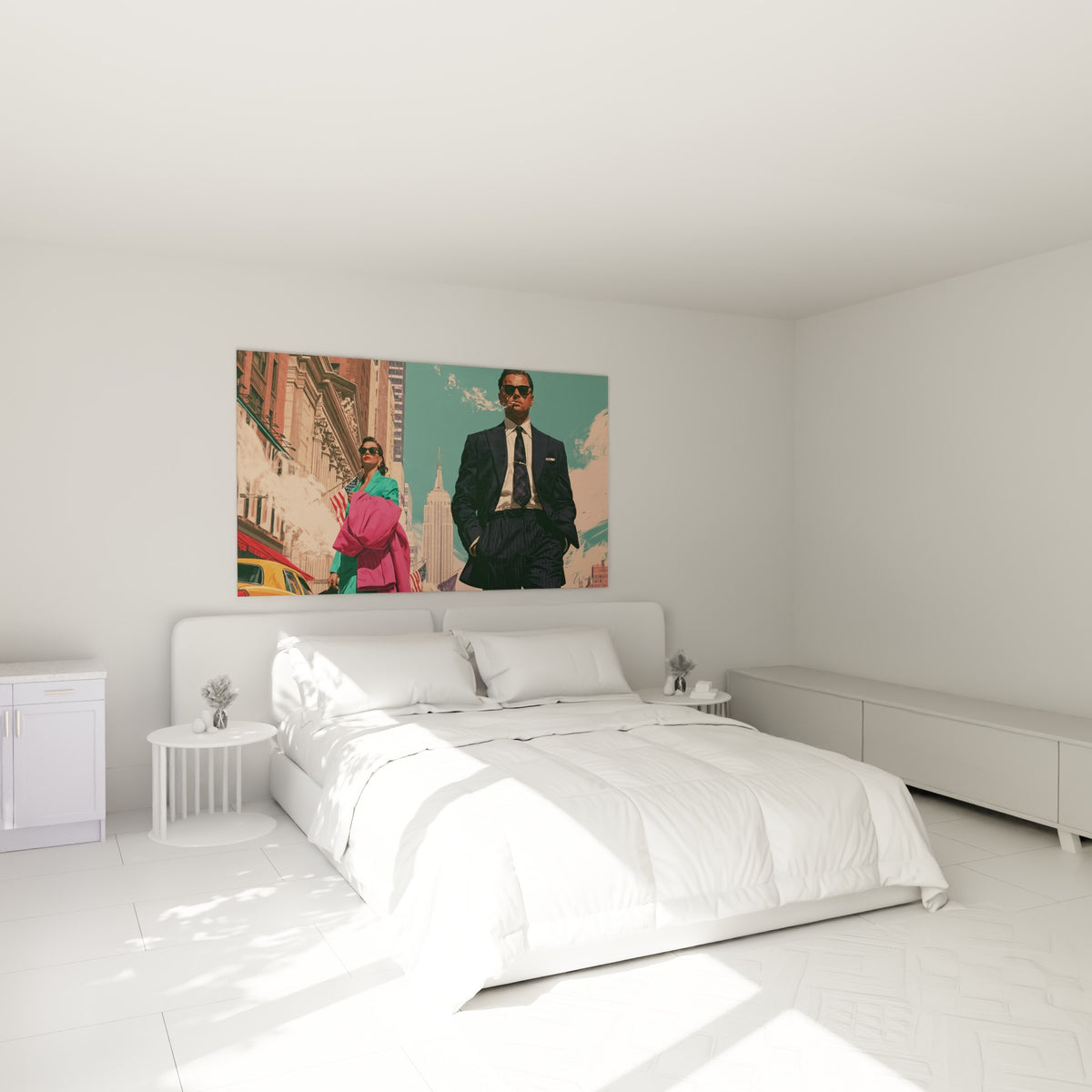 Homme d'affaires anthracite et femme au manteau rose fuchsia au-dessus d'un lit dans une chambre claire