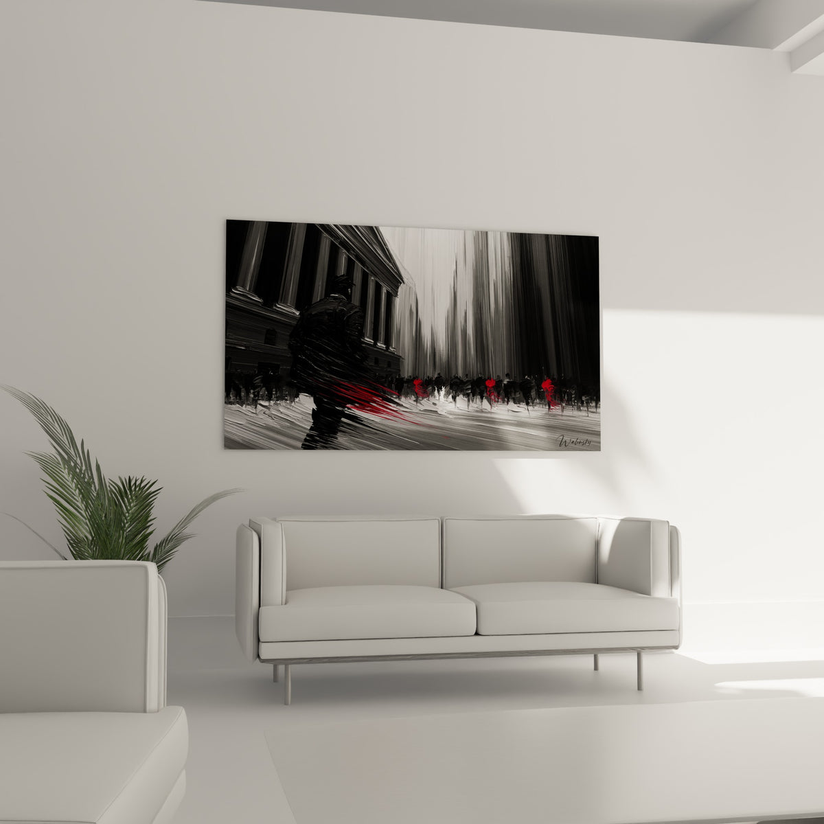 Foule new-yorkaise en gris et touches rouges défile devant des gratte-ciel, au-dessus d'un canapé dans un salon lumineux