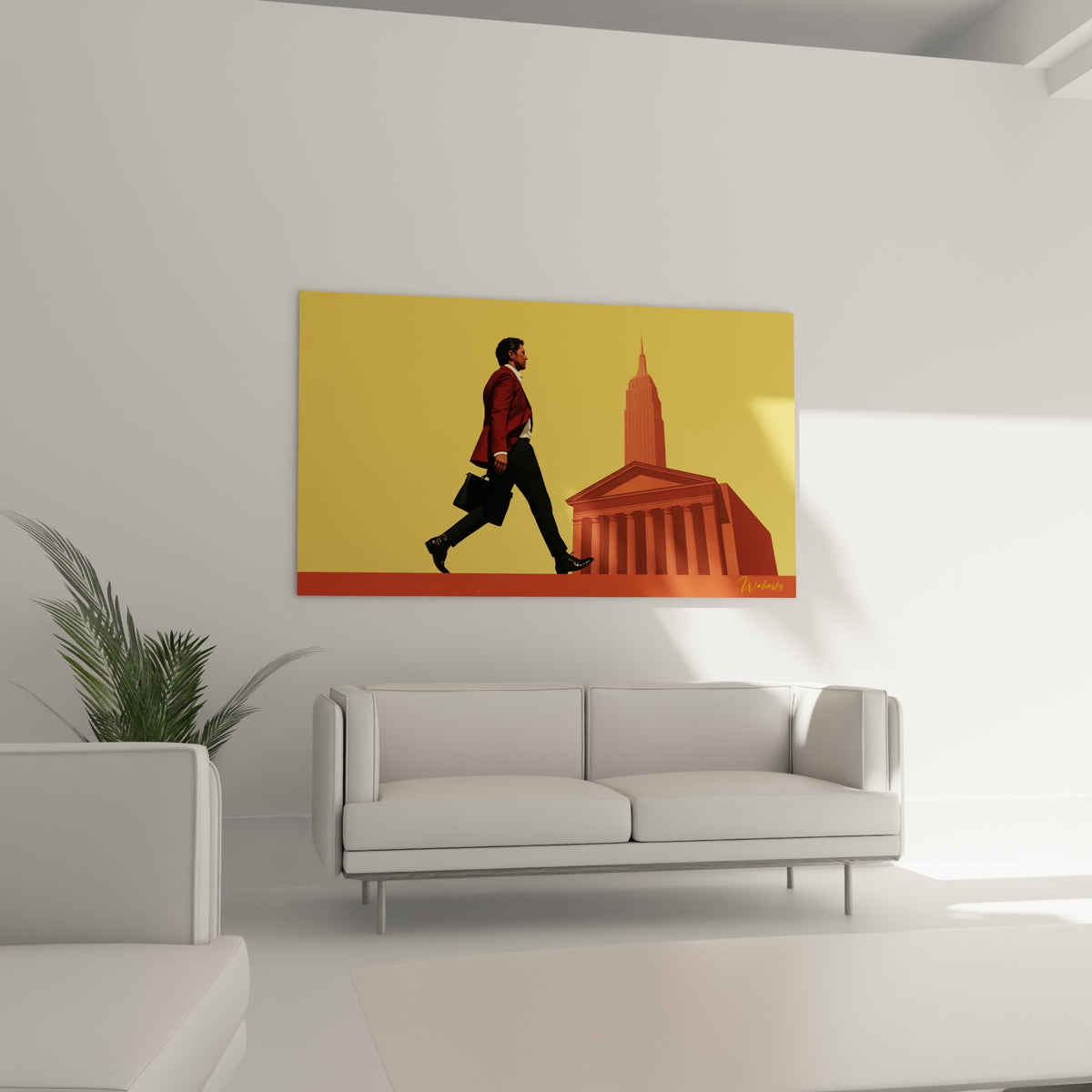 Cadre pressé en veste bordeaux devant un gratte-ciel terracotta, tableau Wall street au-dessus d'un canapé dans un salon lumineux