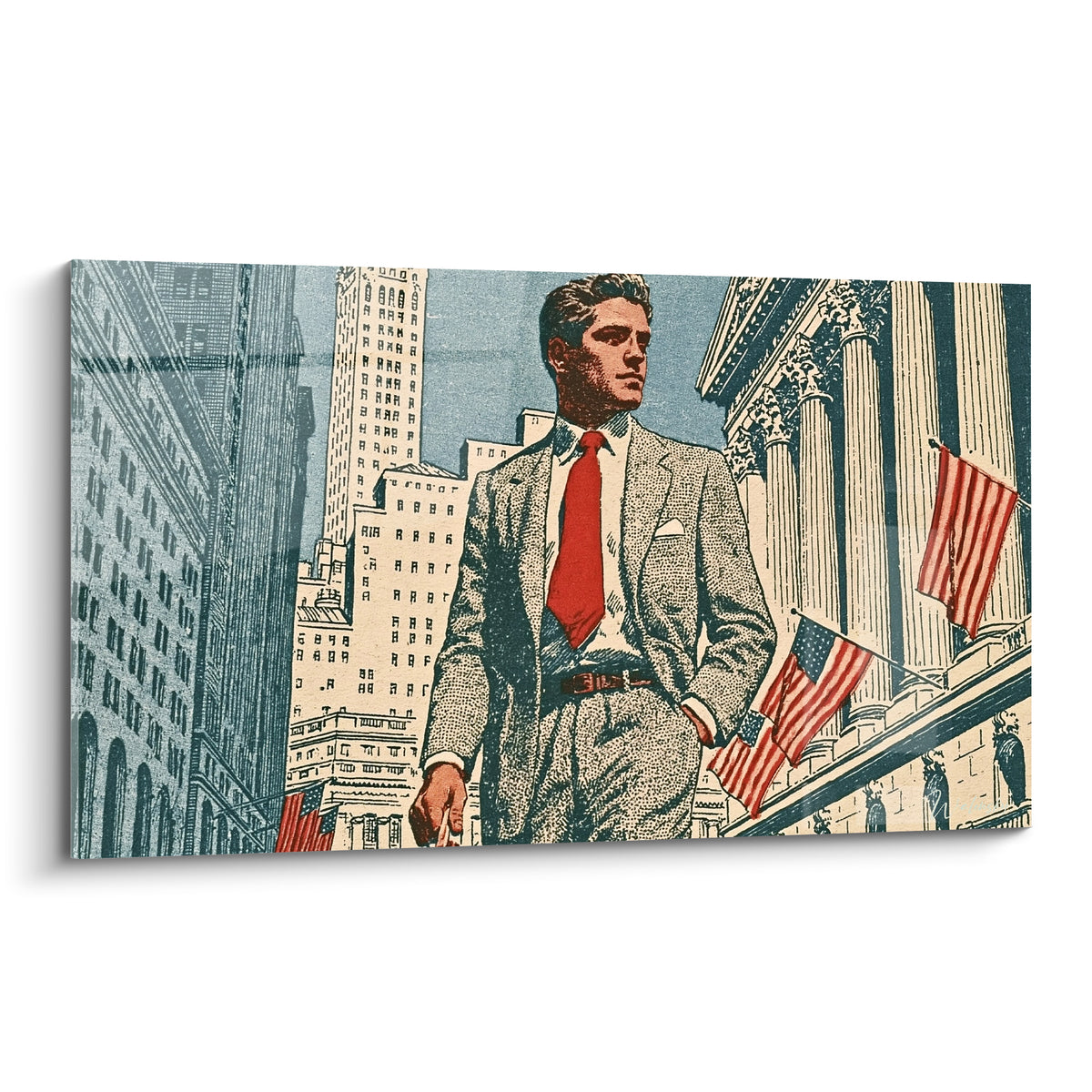 Homme d'affaires en costume gris et cravate rouge devant la bourse de New York