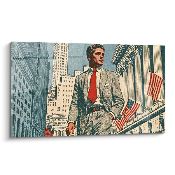 Tableau Homme costume gris cravate rouge devant colonnades - Ambition new-yorkaise - Edition Wall street