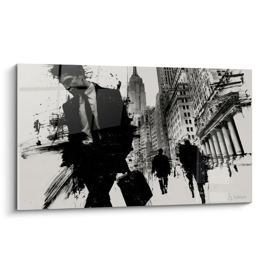 Tableau Homme d'affaires noir et blanc entre gratte-ciels - Cadence urbaine - Edition Wall street