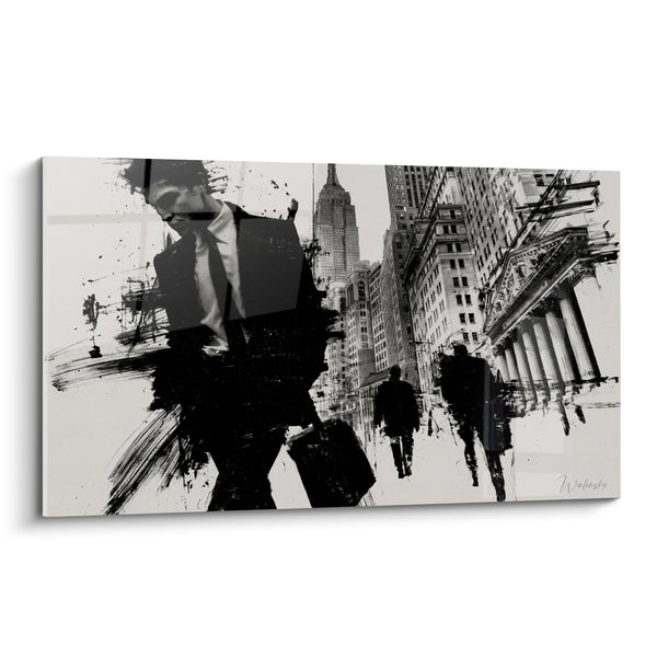 Tableau Homme d'affaires noir et blanc entre gratte-ciels - Cadence urbaine - Edition Wall street