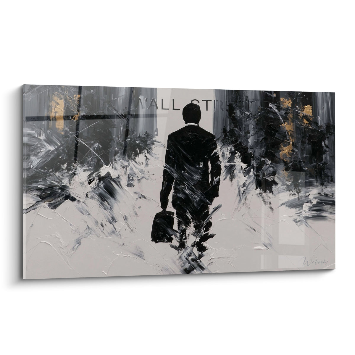 Wall art businessman in black crossing a textured grey and gold Wall Street backdrop shaped with a palette knife