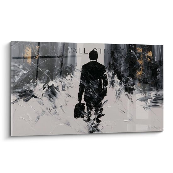 Tableau Homme d'affaires noir et gris devant enseigne gravée - Mallette en cuir noir - Edition Wall street
