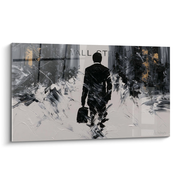 Painting Business Man Black and Grey in Front of Engraved Sign - Black Leather Briefcase - Wall Street Edition