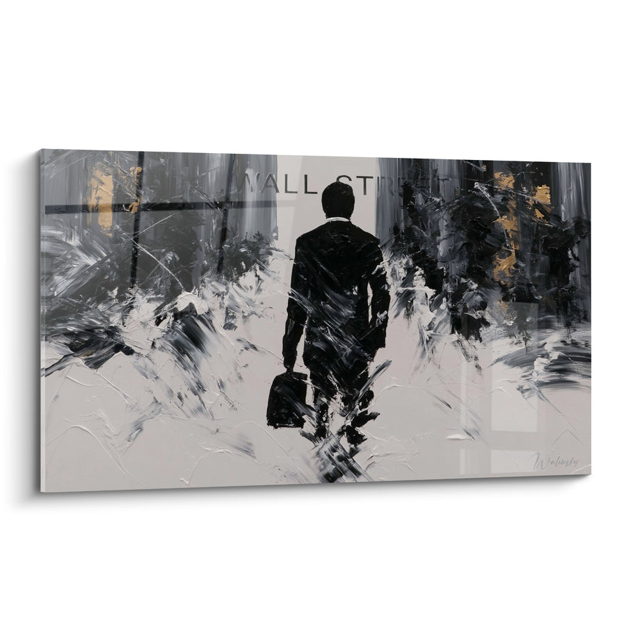 Tableau Homme d'affaires noir et gris devant enseigne gravée - Mallette en cuir noir - Edition Wall street