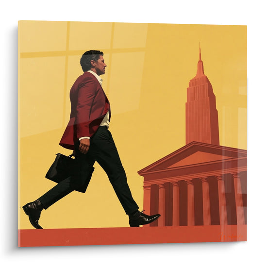 Tableau Homme d'affaires pressé veste bordeaux mallette - Course matinale - Edition Wall street