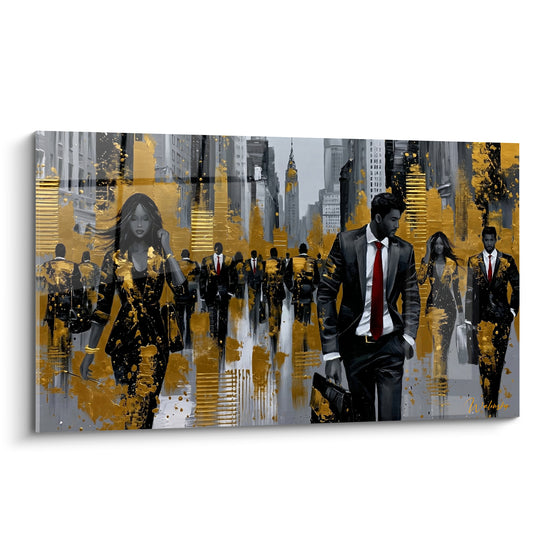Tableau Foule urbaine grise et dorée cravate rouge - Reflets au sol mouillé - Edition Wall street