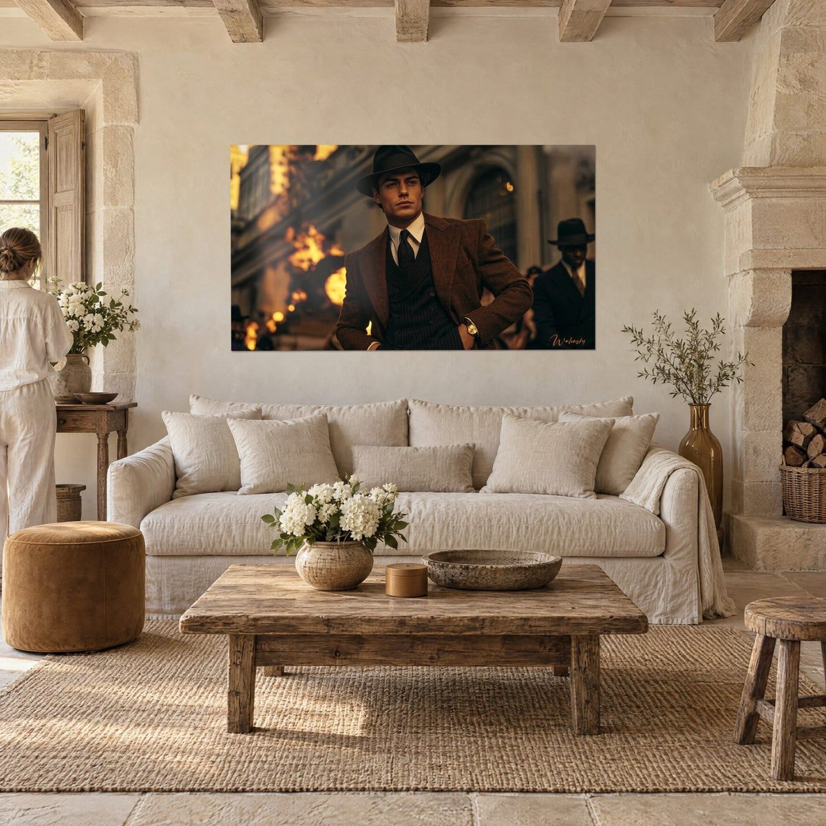 Wall art elegant man in black felt hat and brown herringbone jacket, side glance, blurred golden flames, above a sofa in a bright living room