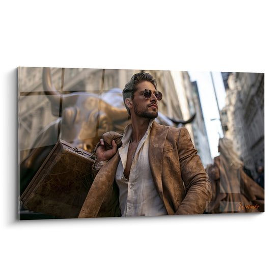Tableau Homme élégant veste marron sacoche cuir - Assurance conquérante - Edition Wall street