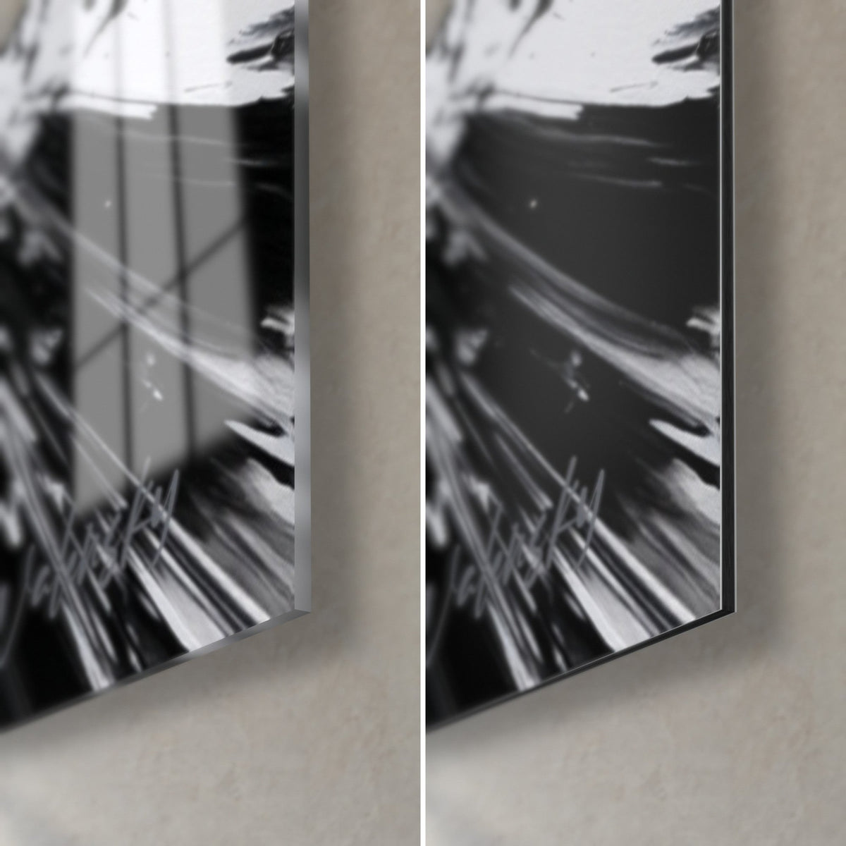 Wall art of a man in a black and white suit, bottom right corner: glossy acrylic glass with reflections on the left, matte black Dibond on the right