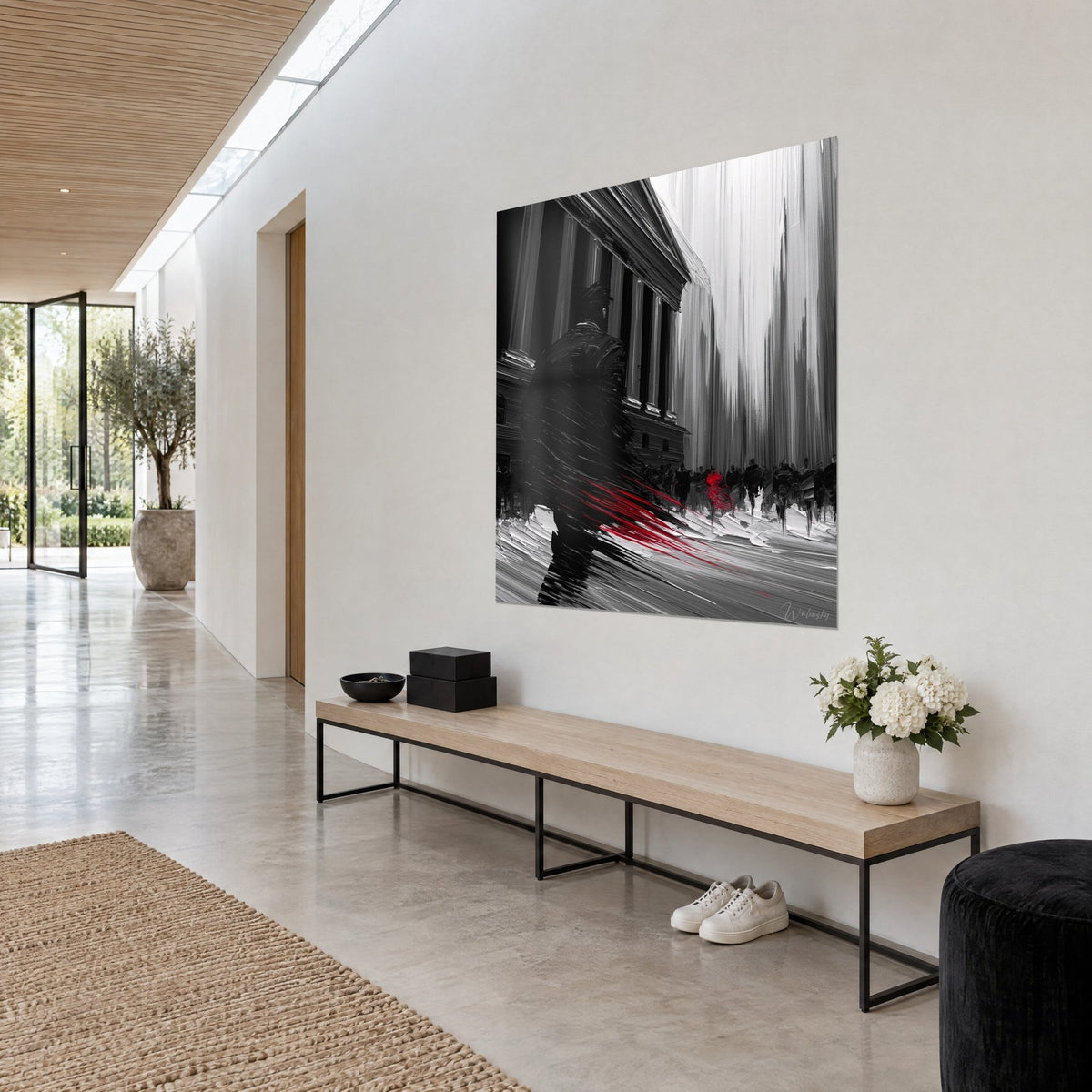 Tableau passant sombre aux coups de couteau épais, façade néoclassique noire et ciel blanc strié, éclat rouge, en vue de trois-quarts sur un mur blanc