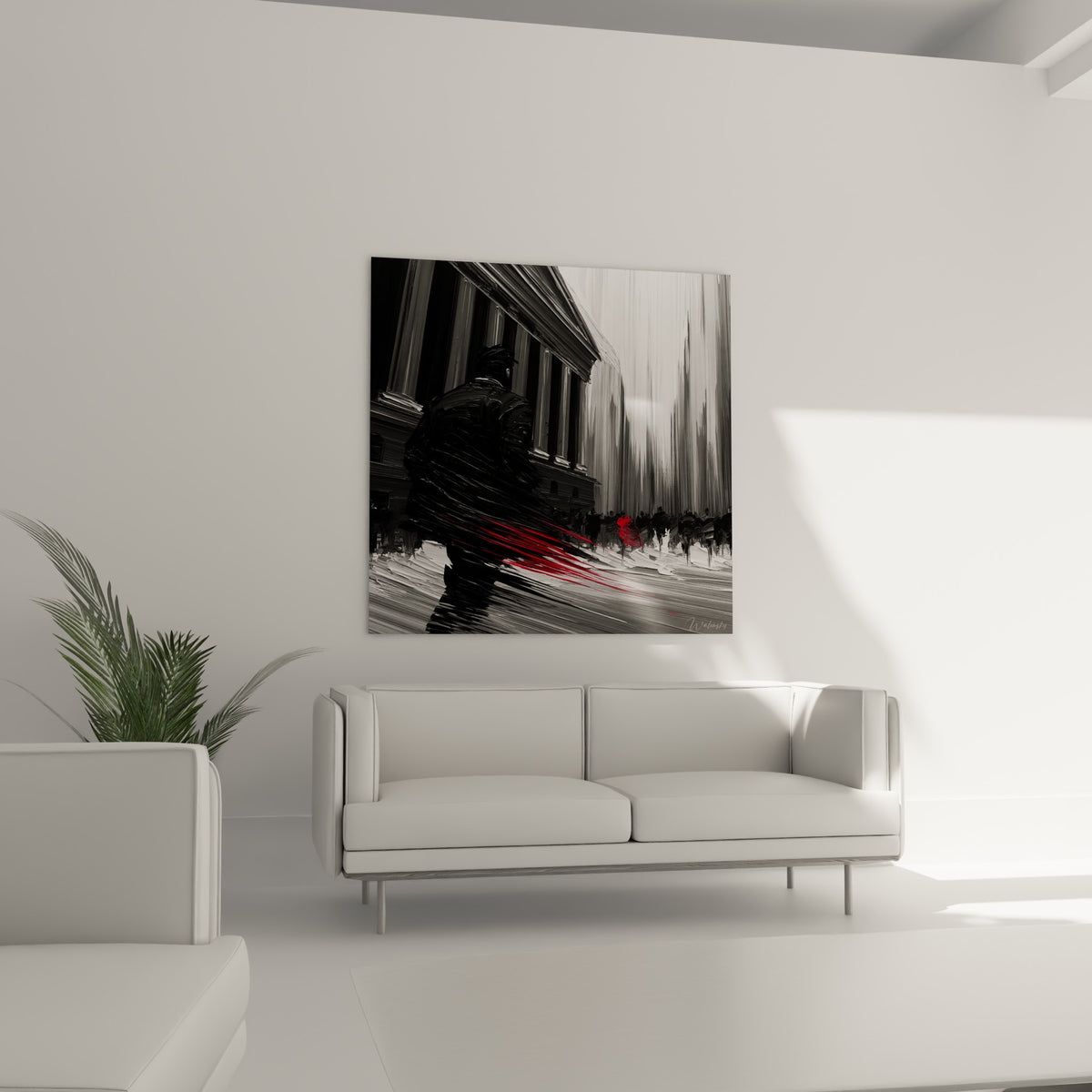 Traînée écarlate s'échappant d'une tête noire stylisée, tableau urbain au-dessus d'un canapé dans un salon lumineux