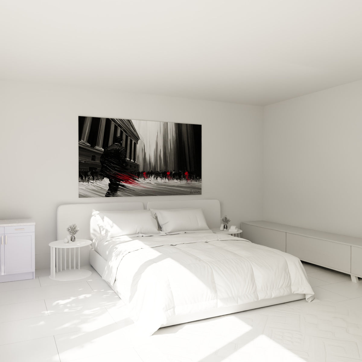 Personnage flouté au rouge vif traverse une avenue anthracite, accroché au-dessus d'un lit dans une chambre claire