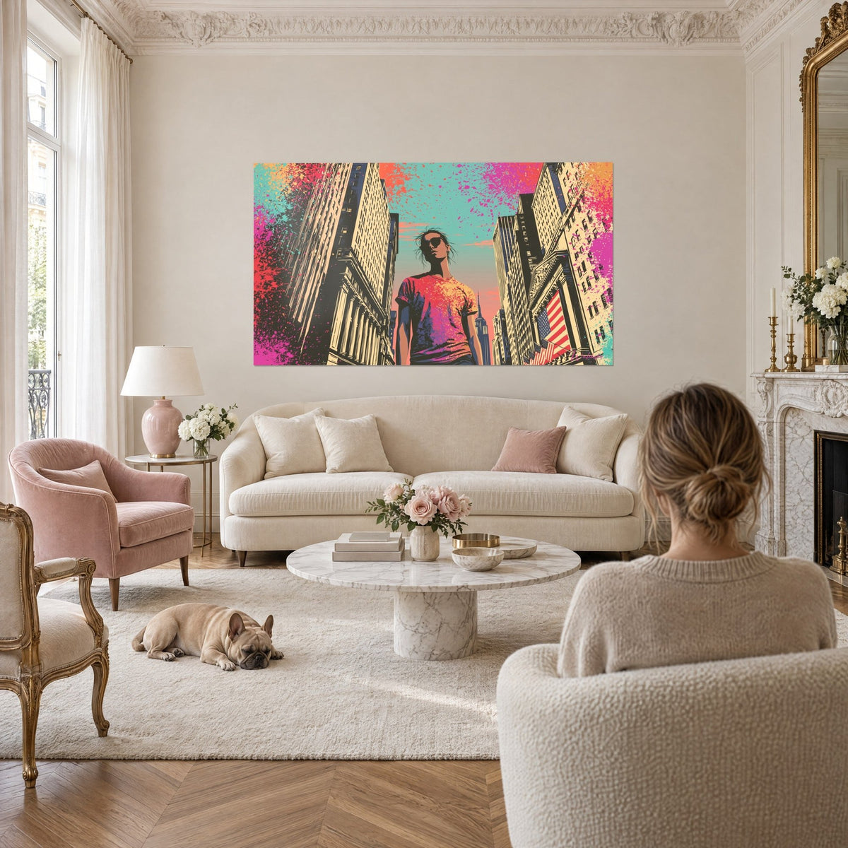 Wall art New York silhouette in black sunglasses, pink and turquoise splashes, beige skyscrapers, above a sofa in a bright living room