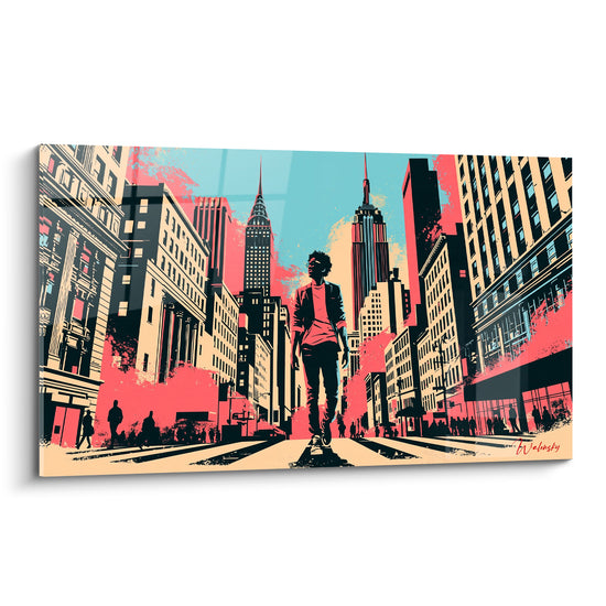 Tableau Piéton new-yorkais aux gratte-ciels corail et turquoise - Traversée urbaine - Edition Wall street