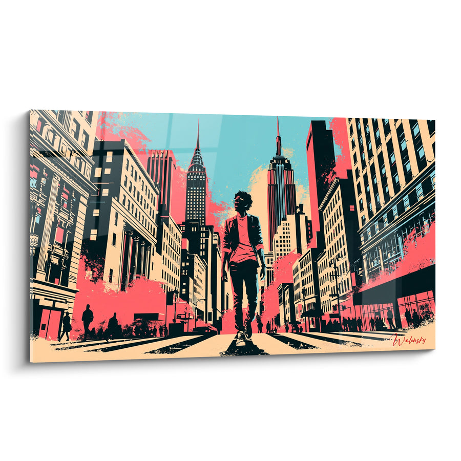 Tableau Piéton new-yorkais aux gratte-ciels corail et turquoise - Traversée urbaine - Edition Wall street