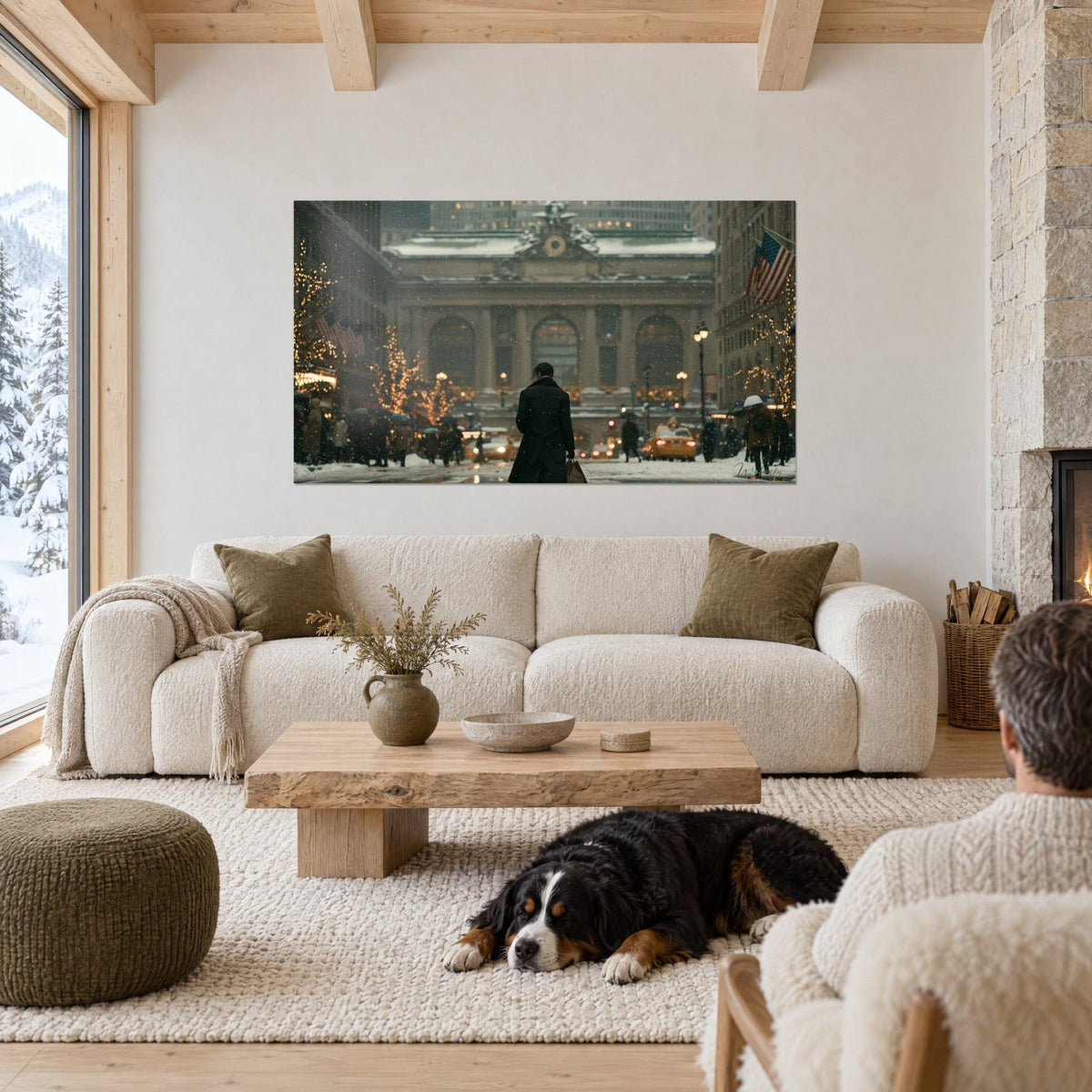 Wall art silhouette in a black coat in the snow in front of a train station with ochre and gold arches, above a sofa in a bright living room