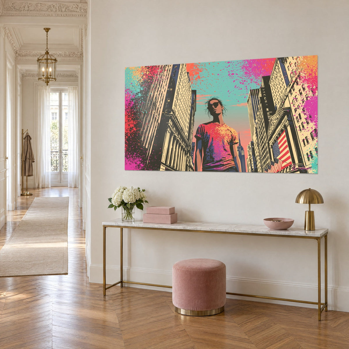 Wall art young pedestrian seen from below between ochre Wall Street facades, turquoise and orange sky, on a gilded console in a Haussmann-style hallway