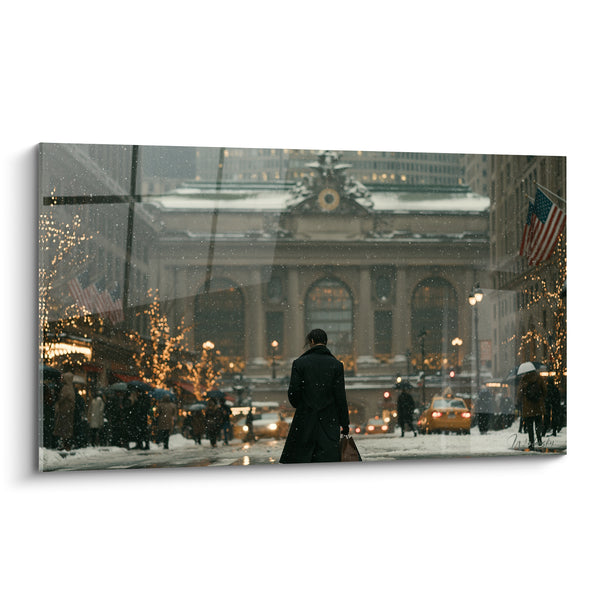 Painting Black Silhouette Under New York Snow - Winter Stroll - Wall Street Edition