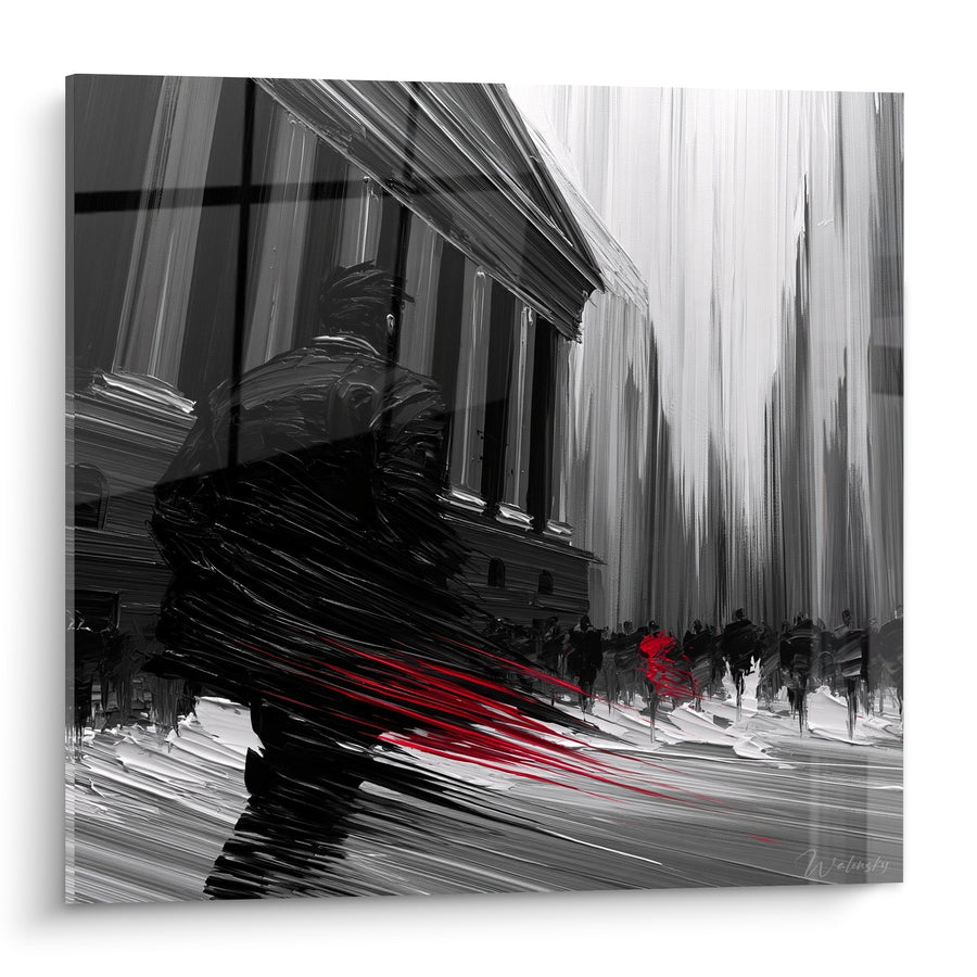 Tableau Silhouette noire et rouge dans une rue financière - Course effrénée - Edition Wall street