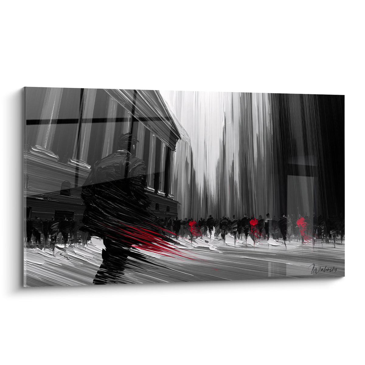 Silhouette pressée en noir traverse une rue grise, écharpe rouge, façade boursière en arrière-plan
