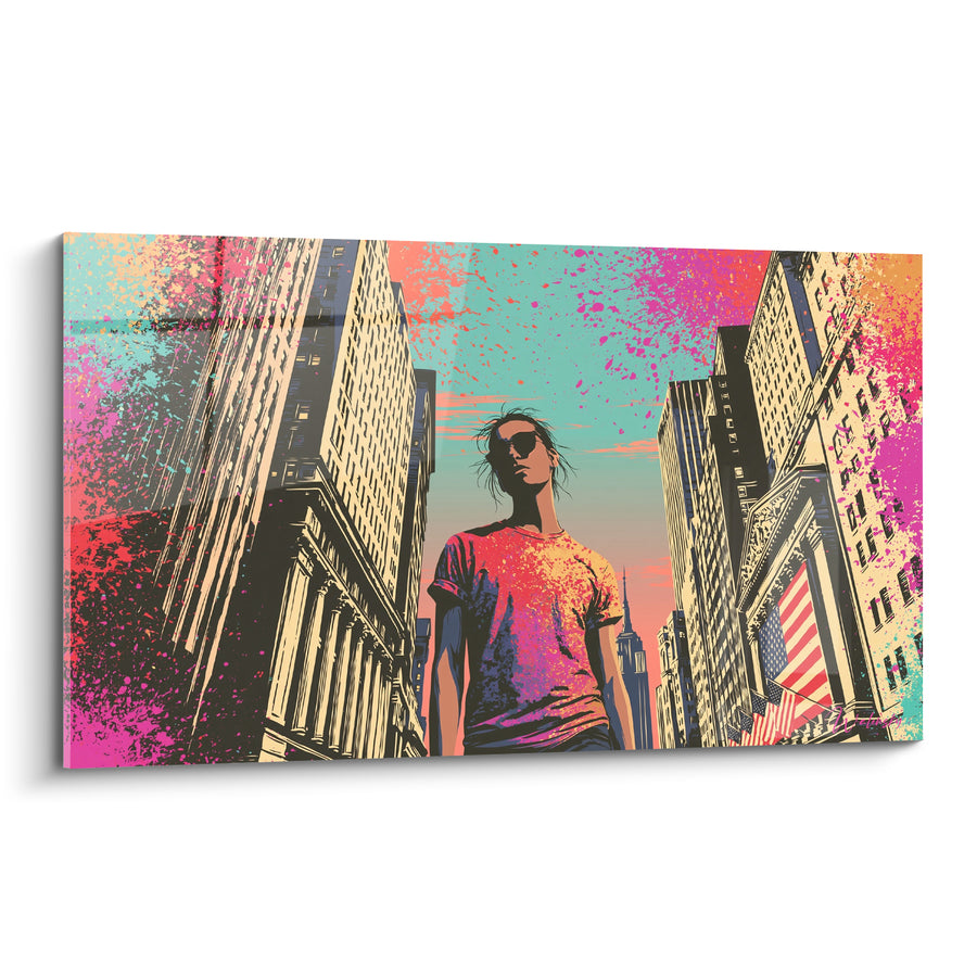 Tableau Silhouette new-yorkaise turquoise et rose éclaboussée - Rébellion urbaine - Edition Wall street