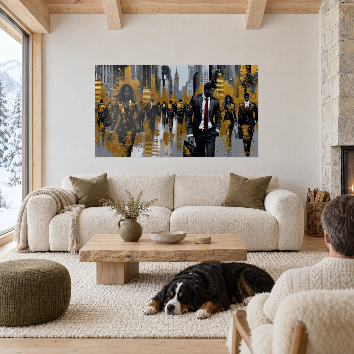 Wall art crowd of businessmen in black suits and red ties on golden glints, one person and a dog seen from behind, above a sofa in a bright living room