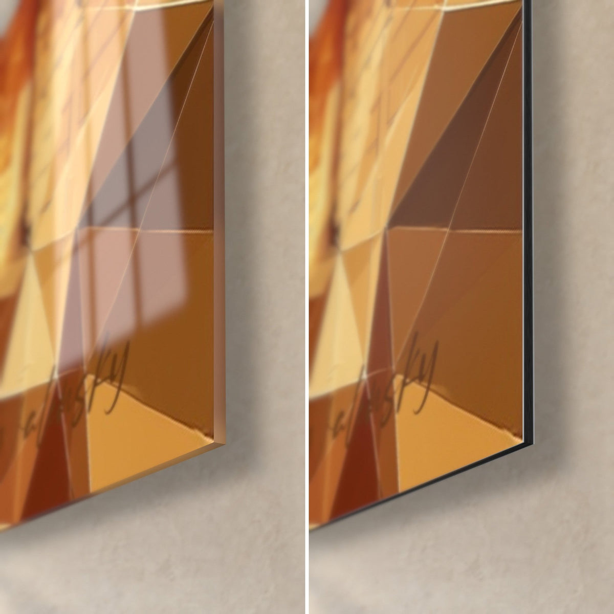Gemälde Facettierter Stier in Kupfer und Bernstein, untere rechte Ecke: glänzendes Acrylglas links, mattes Dibond rechts, 3 mm Kante