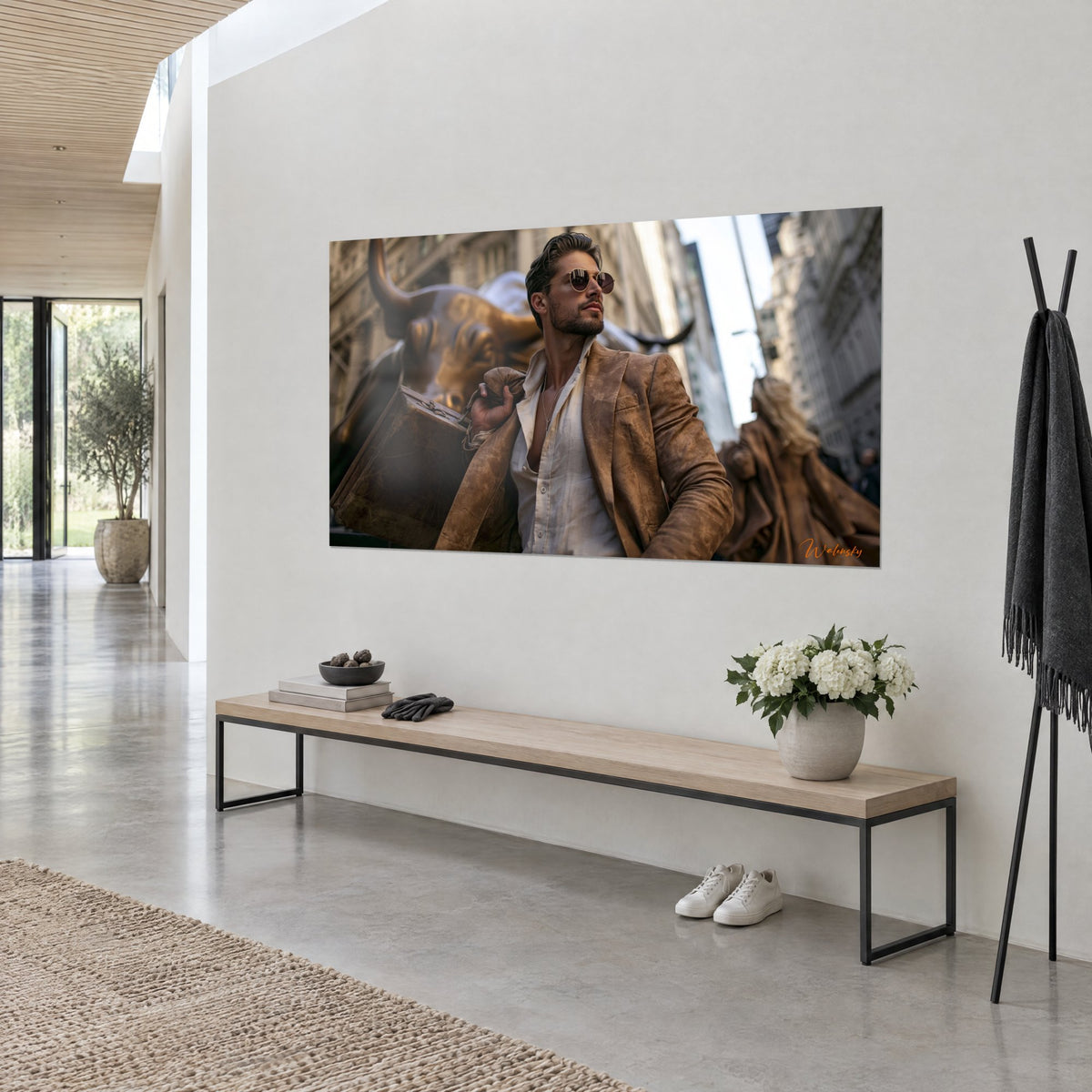 Wall art of a stylish trader with a patinated leather satchel, caramel jacket and golden bull, three-quarter view on a white wall