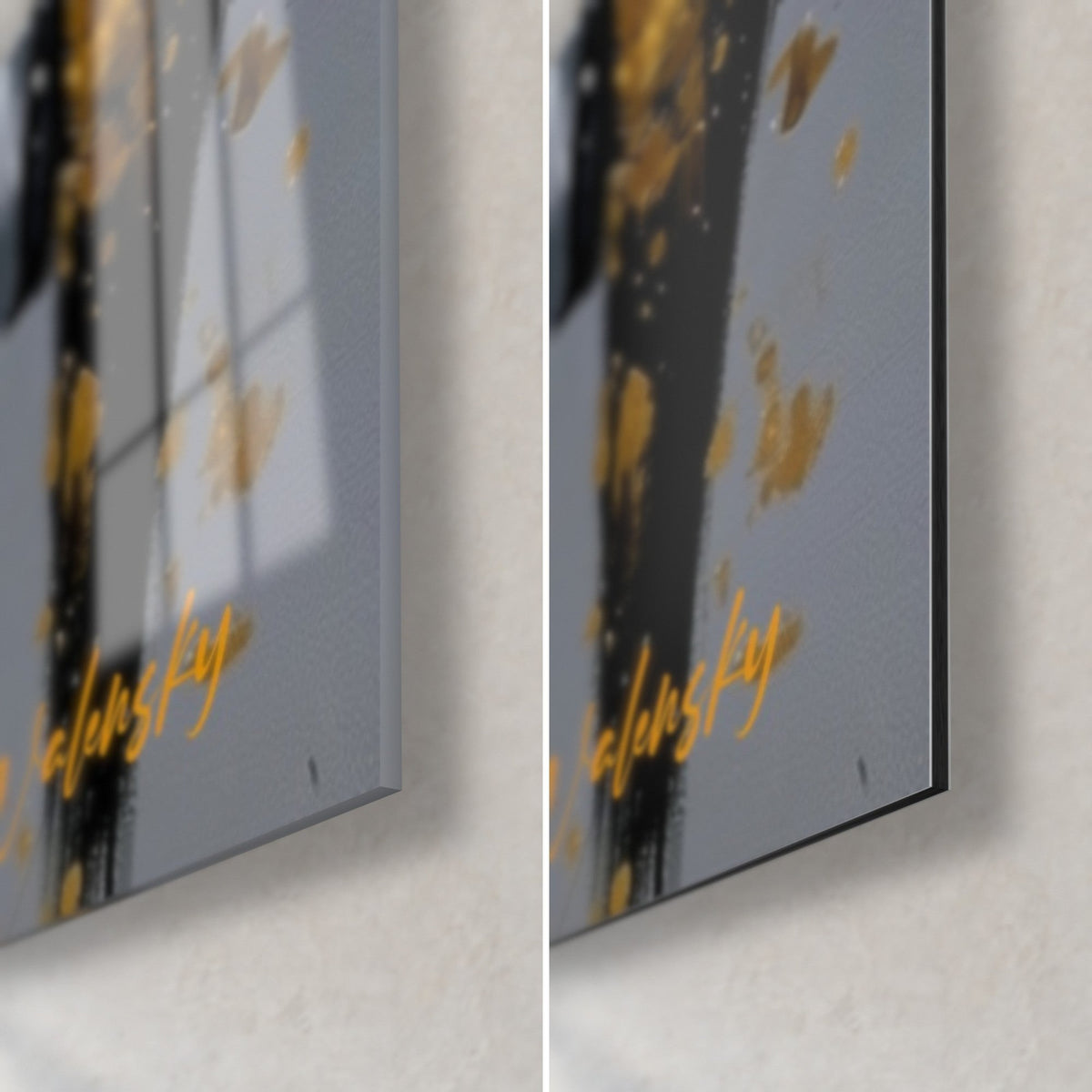 Wall art Wall Street financiers in black suits, bottom right corner: gold signature on grey background, glossy acrylic glass on the left, matte Dibond aluminum on the right