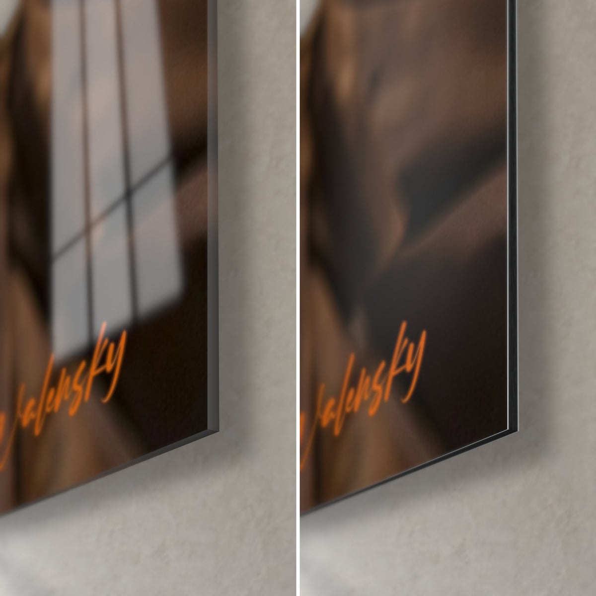 Wall art of a man in a brown jacket, bottom right corner: glossy glass reflecting the window, matte black Dibond, 3 mm edge